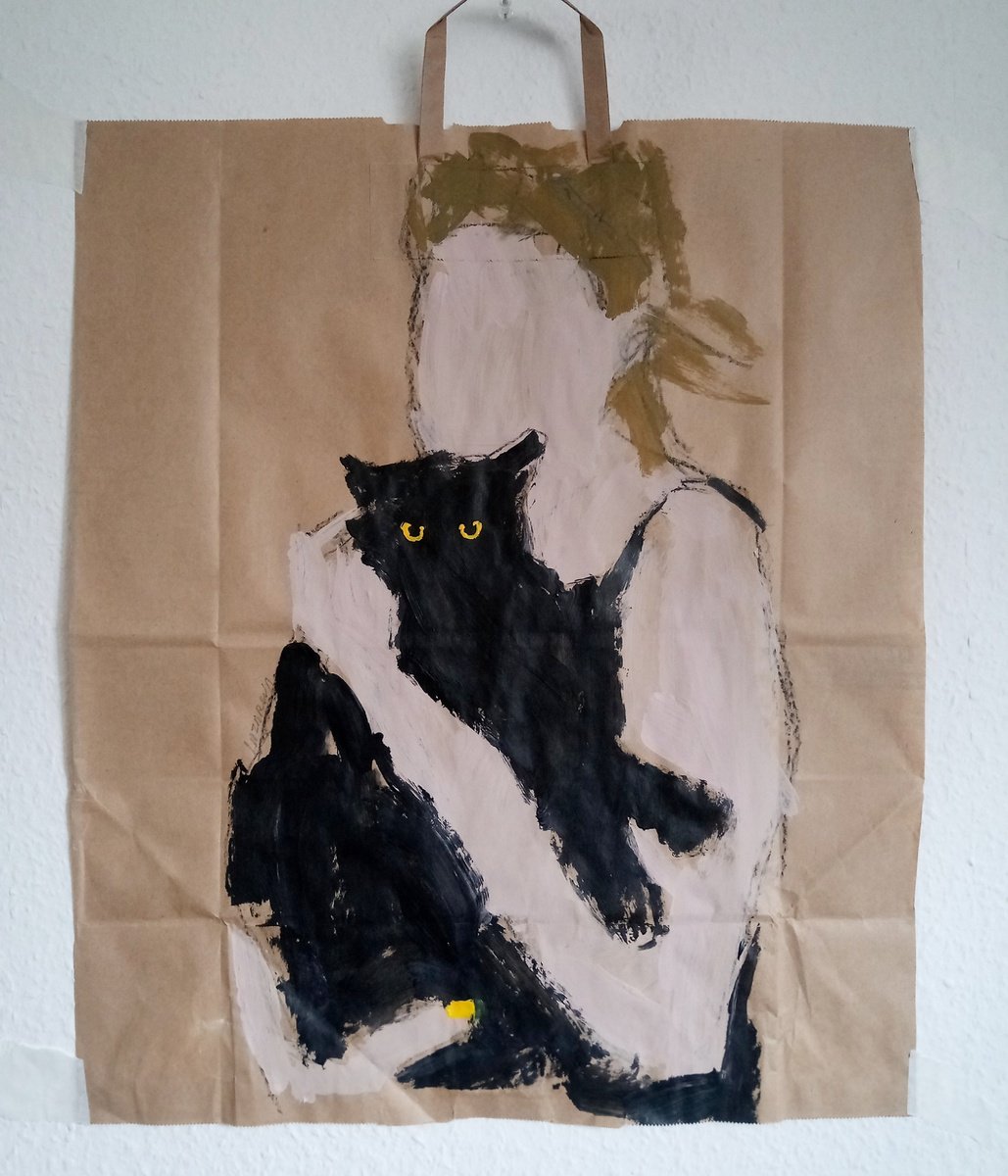 Naive Animal Acrylic Painting By Valerie Lazareva, 19 X 22", #43/24 Girl With Black Cat, Original Artwork