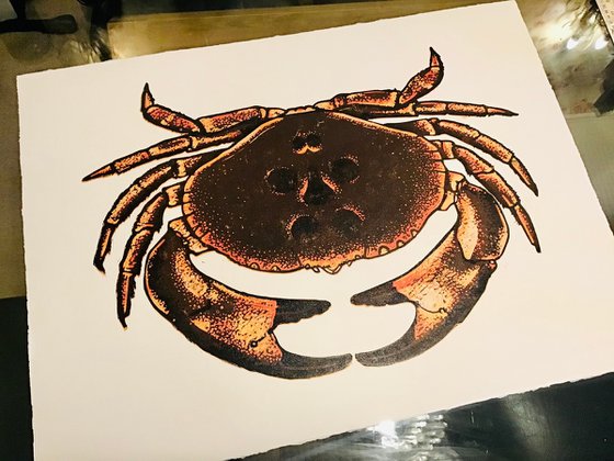 Crab linocut print - red