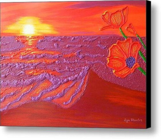 Poppies at Dawn - modern surrealistic seascape floral impasto painting