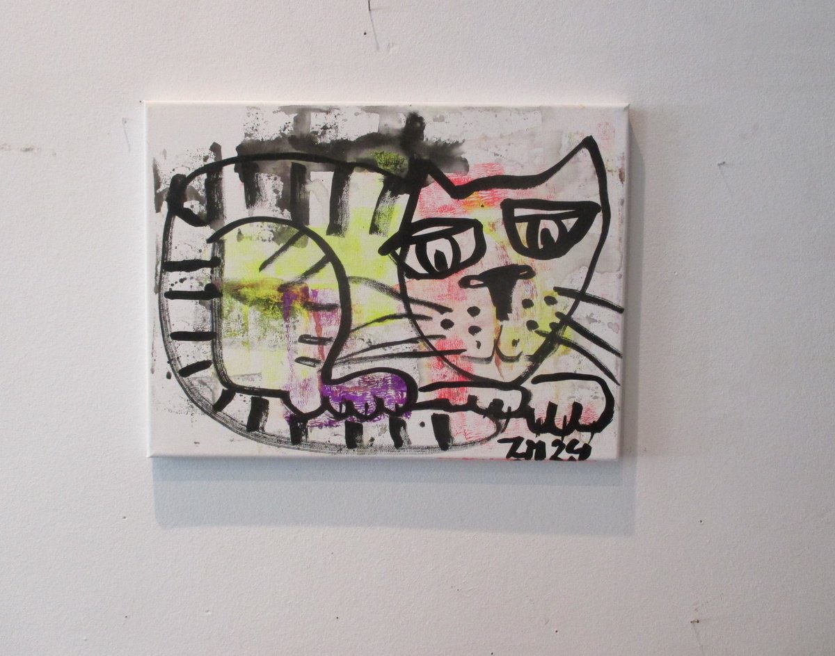 Expressive Animal Acrylic Painting By Sonja Zeltner-Muller, 16 X 12", Expressive Neon Cat 11,8 X 15,7 Inch, Original Artwork