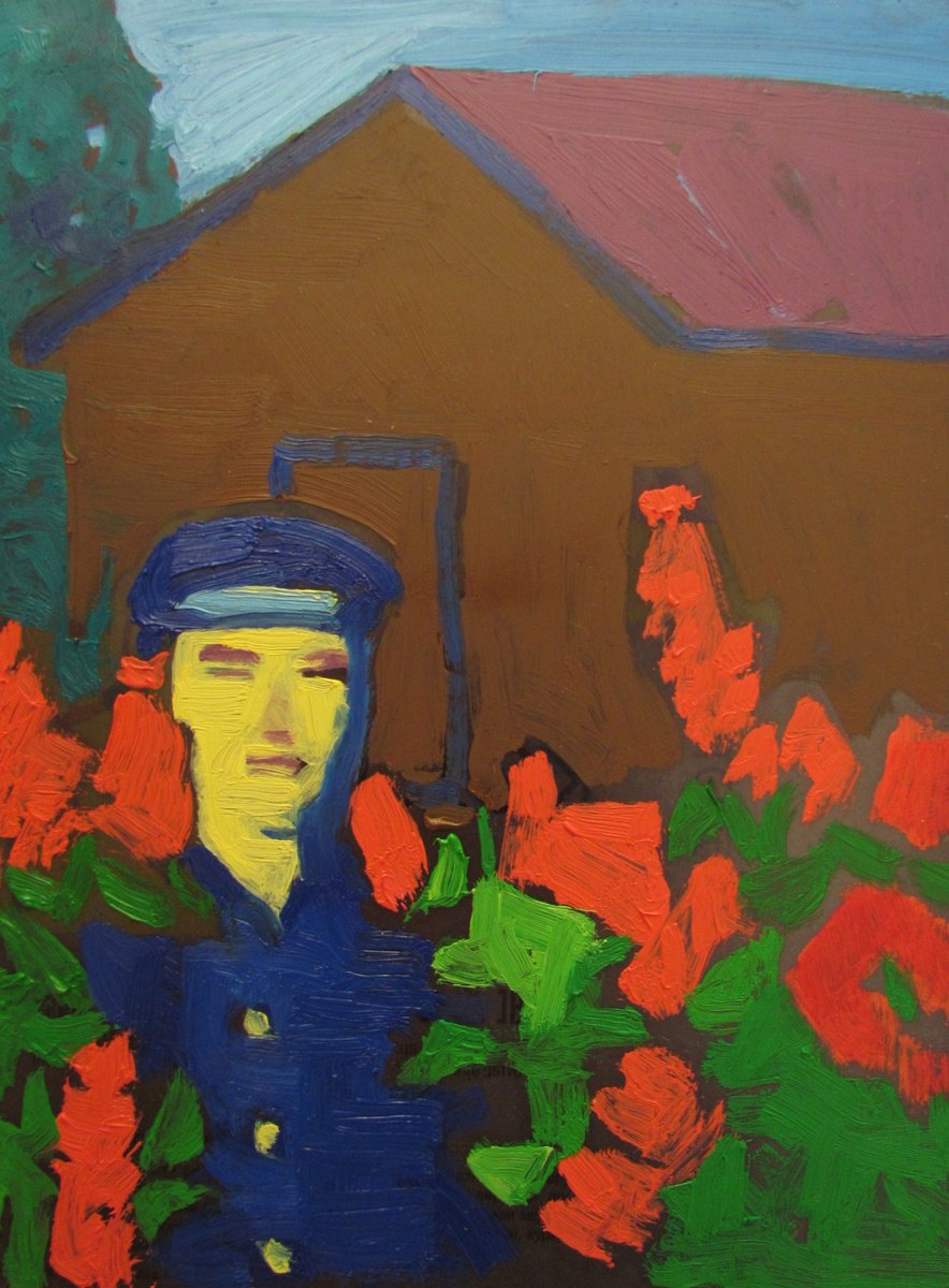 Naive Oil Painting , Man In Red Flower And Bluesuit By Viktoriia Pidvarchan, 9 X 7, Artwork For Sale On Artfinder