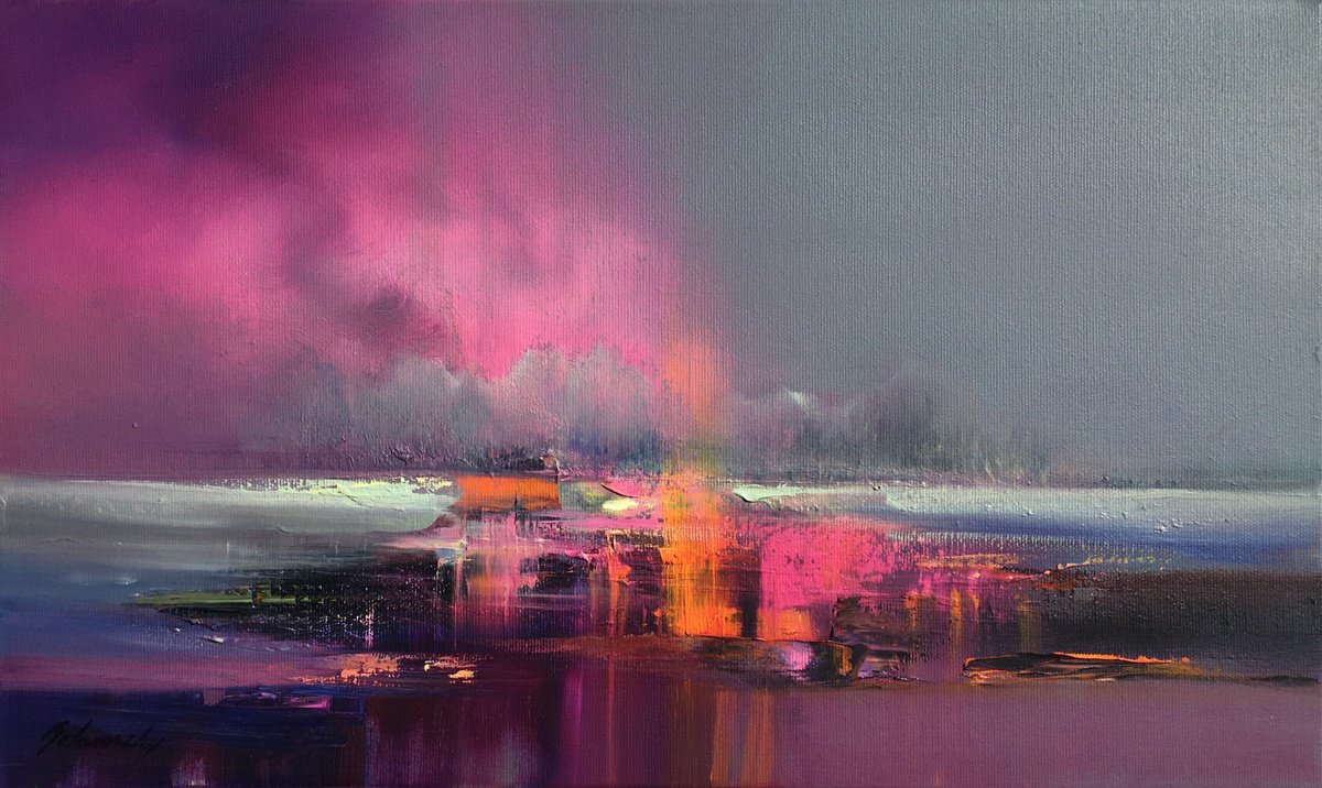 Impressionistic Landscape Oil Painting By Beata Belanszky Demko, 20 X 12, Purple Fog, Original Artwork