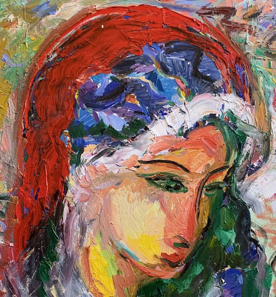 GIRL WITH APPLE IN A RED SCARF  female portrait, face, original oil painting, oriental theme 70x50