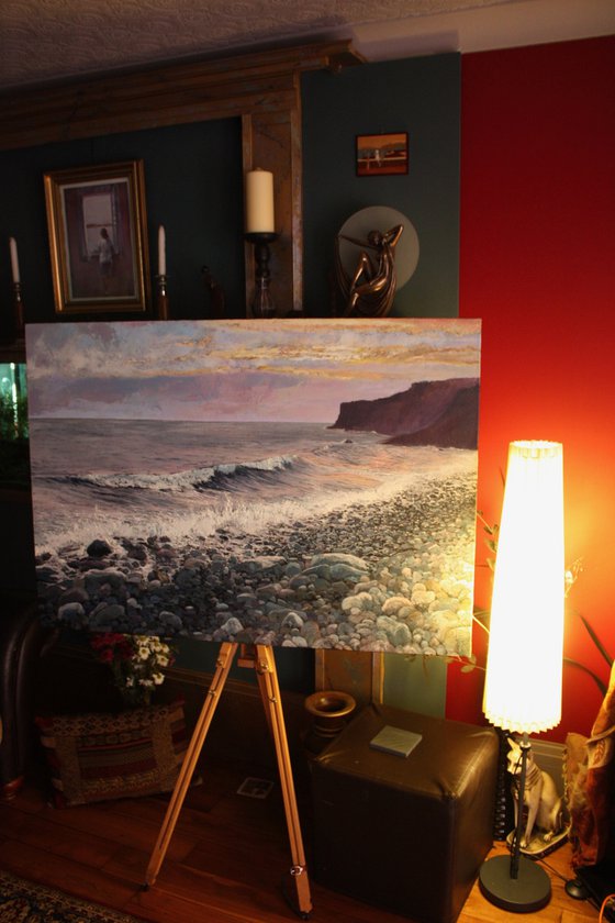'Beneath The Statue of Christo Rei' Garajau Beach Madeira. Seascape Oil Painting