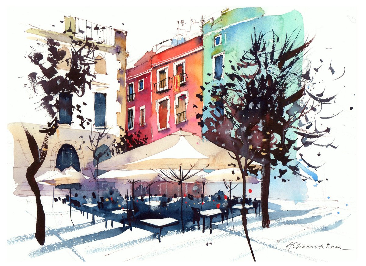 Impressionistic Cityscapes Watercolour By Anastasia Mamoshina, 15 X 11, Sunny Plaza In Figueres, Original Artwork