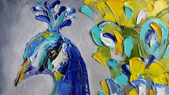 Peacock - bird, oil painting, colored bird, palette knife, art, gift,animal