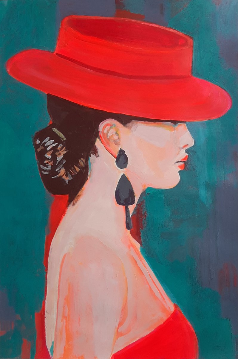 Urban And Pop Portrait Acrylic Painting By Alexandra Djokic, 19 X 28, Lady In Red, Original Artwork