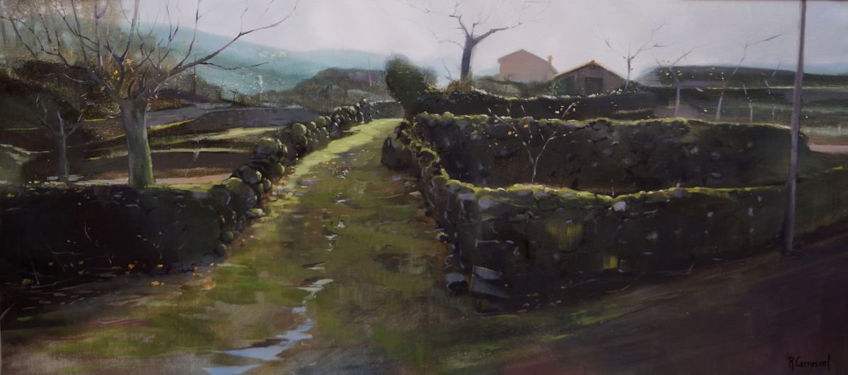 Impressionistic Landscape Oil Painting By Rafael Carrascal, 51 X 23", Jerte, Large Painting 129X58, Original Artwork