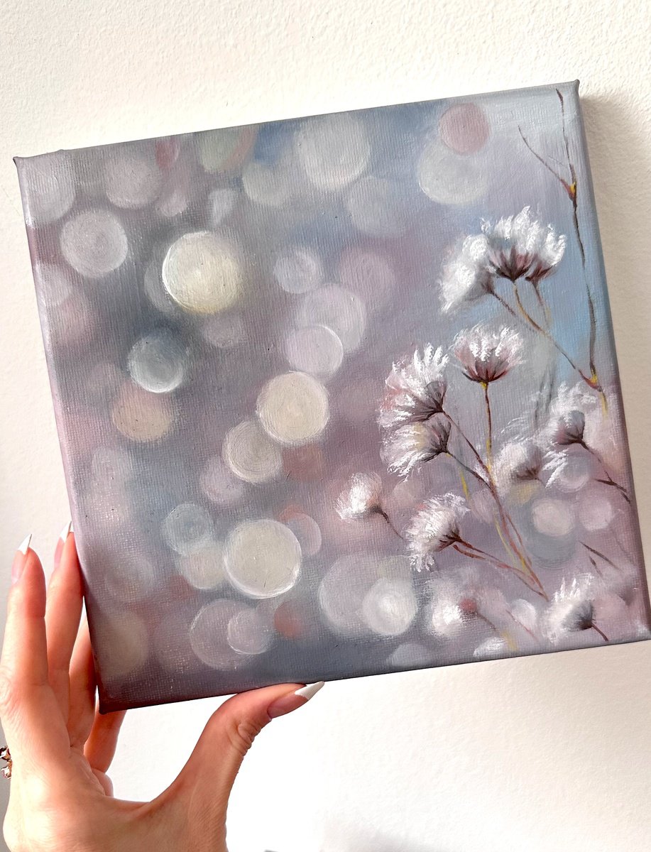 Photorealistic Botanical Oil Painting By Julia Shilo, 8 X 8", Soft Violet Floral Bokeh Light Painting, Original Artwork