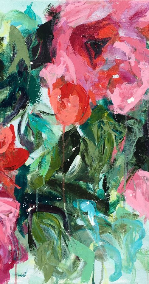 Pink in Bloom - Abstract floral in acrylic size 24"x30" by Emma Bell