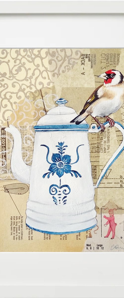 Goldfinch collage -  Framed ready to hang original artwork by Carolynne Coulson