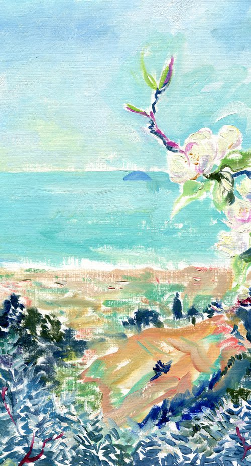 Tuscany sea view and an almond blossom by Daria Galinski