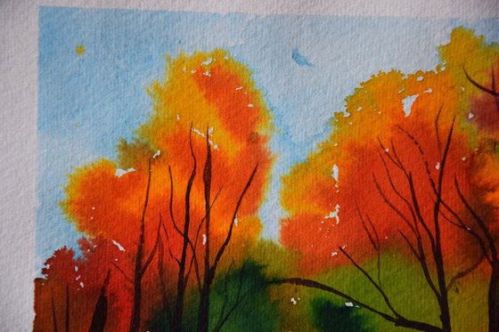 Original watercolor painting on craft paper Autumn Fall Forest
