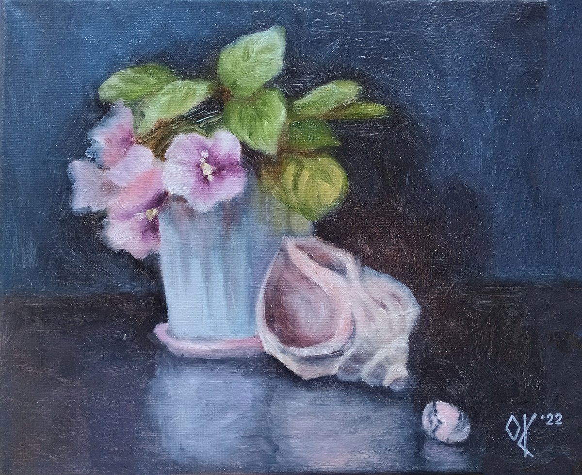 Pink Flowers Seashell and Rhodonite 2022 by Olena Kucher