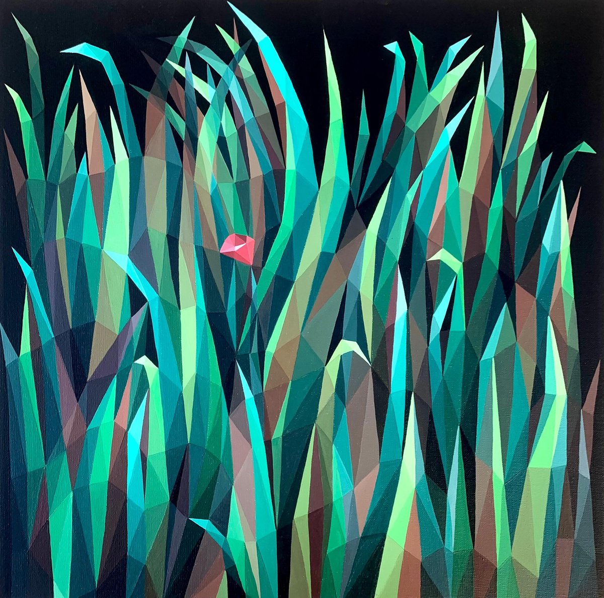 Geometric Landscape Acrylic Painting By Maria Tuzhilkina, 20 X 20", Small Poppy In Large Grass, Original Artwork