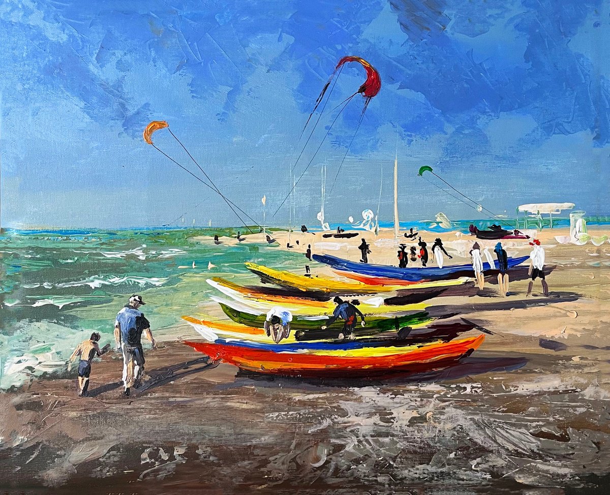 Impressionistic Landscape Acrylic Painting By Maria Kireev, 20 X 16", Kites Over The Sea, Original Artwork