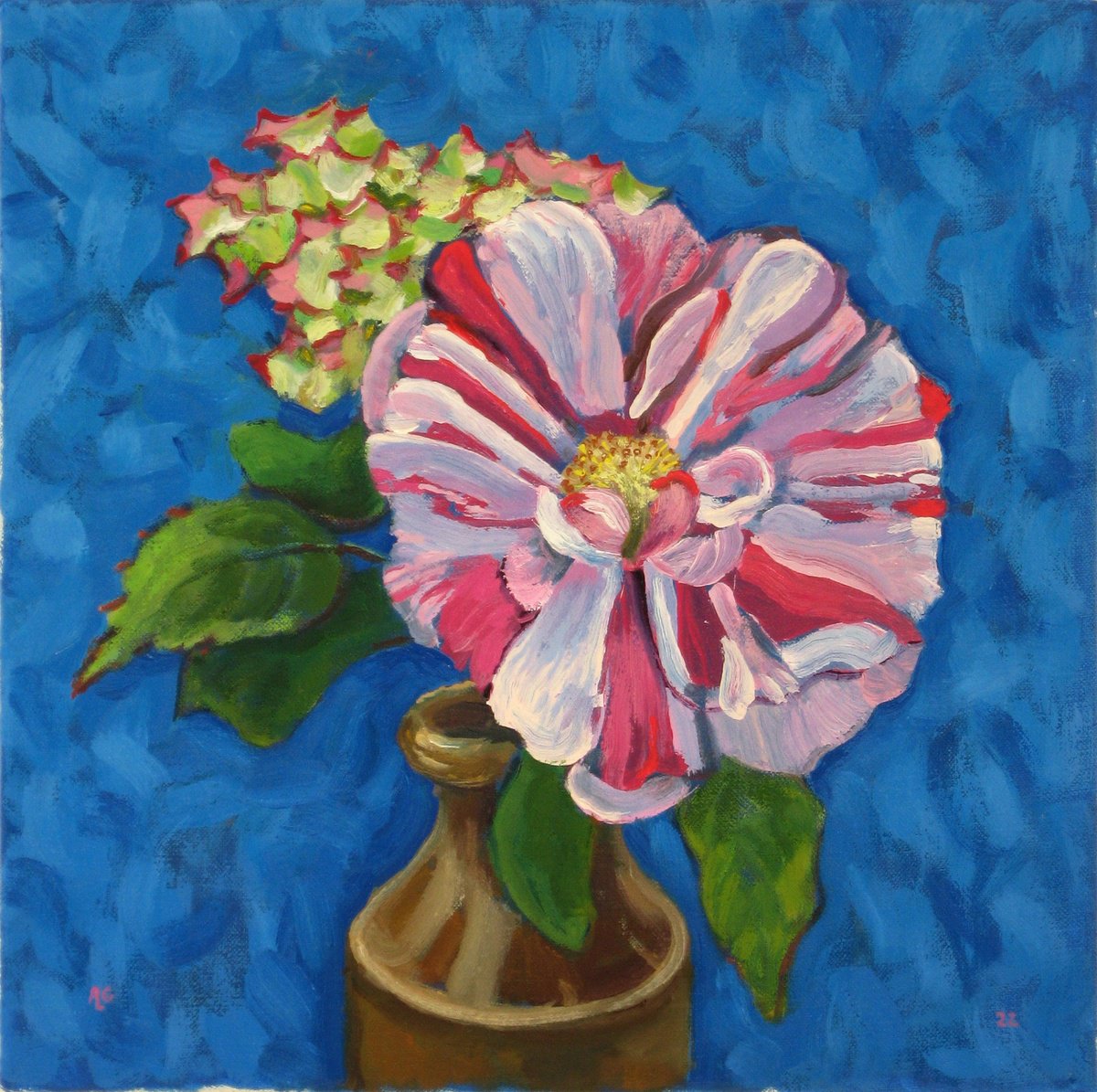 Botanical Oil Painting By Richard Gibson, 11 X 11", Rose And Hydrangea Flowers, Original Artwork
