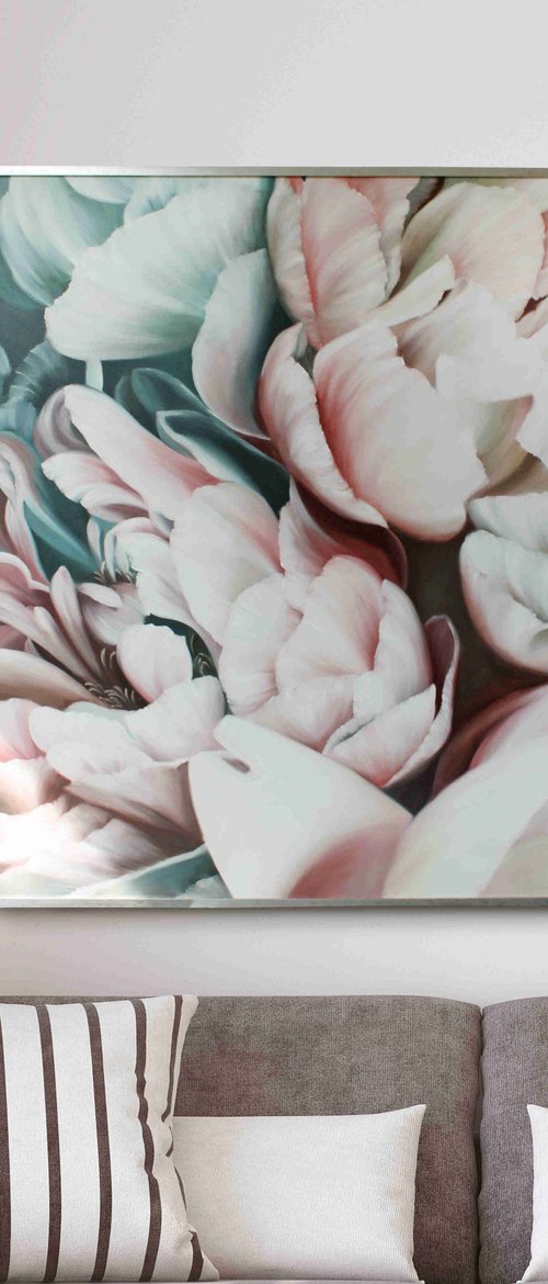 Peonies bouquet 2" White flower oil art by Olha