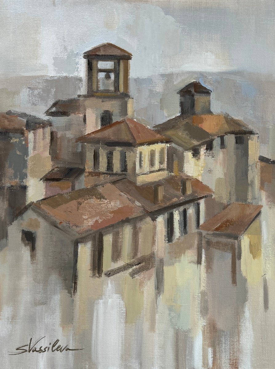 Expressive Cityscapes Acrylic Painting By Silvia Vassileva, 18 X 24", Town In Umbria I, Original Artwork