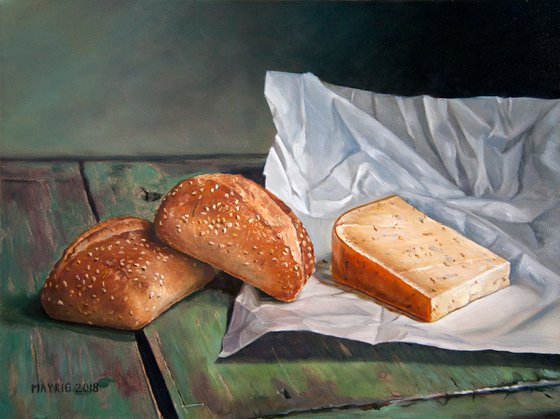 Old Dutch cheese (cumin) with bread (Original Oil Painting, 100% Handmade)