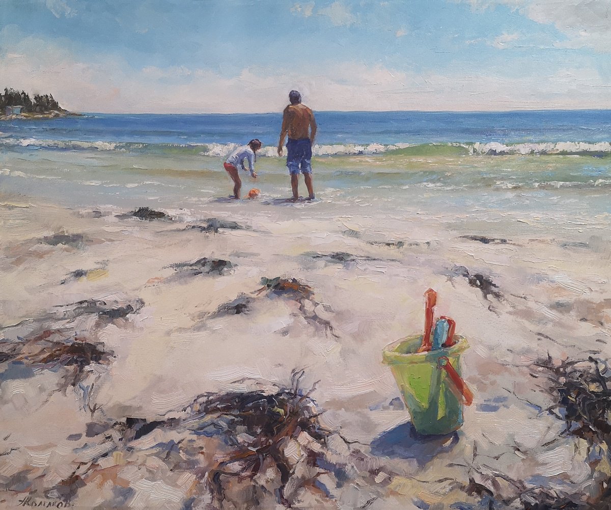 Impressionistic Landscape Oil Painting By Alexander Koltakov, 24 X 20, Returning To The Summer Beach, Original Artwork