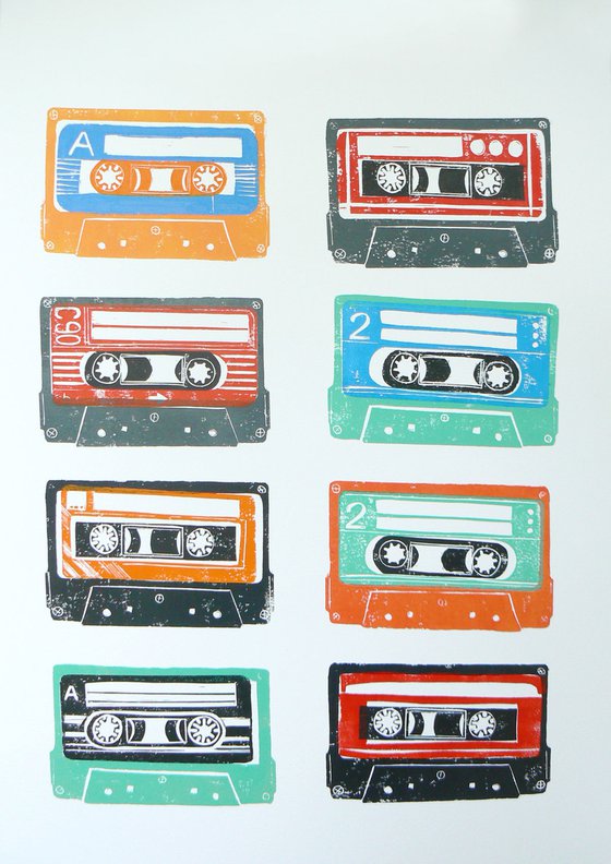 Linocut tapes #22 (cassette tapes, retro music, 70's, 80's rock culture)