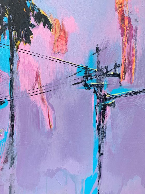 Pink artwork - "Flight to Los Angeles" - Pop Art - Violet painting - Palm - Street Art - Expressionism - Sunset