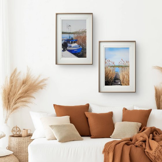 Set of 2. Boat on the river