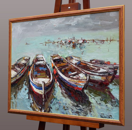 Boats at berth Seascape original oil painting on canvas