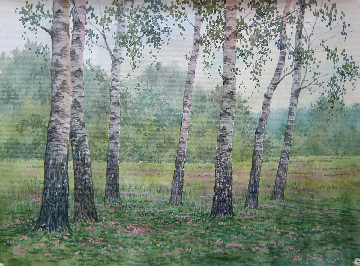 Impressionistic Landscape Watercolour By Valeriy Savenets-1, 16 X 12", Birch Thicket, Original Artwork