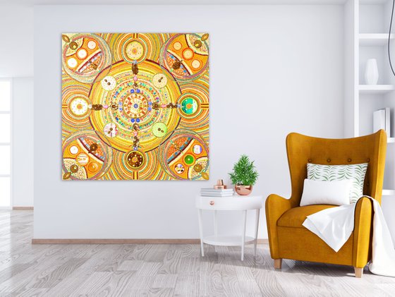 SUN - Golden abstract wall sculpture, decorative painting of rhinestones, mirrors, crystals