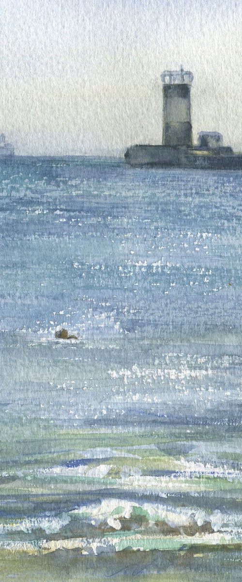 Marine sketch. At midday near a lighthouse / Small watercolor seascape by Olha Malko