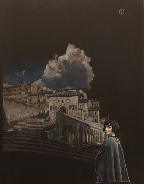Assisi Umbria Italy, tempera and colored pencil on black paper
