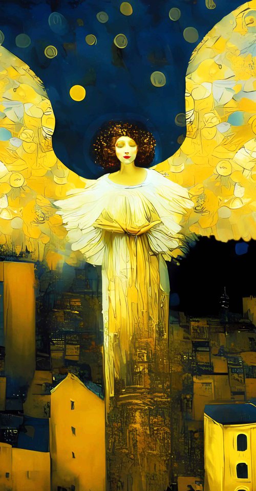 Night Angel. Fairytale cityscape. Original large format fantasy surrealism mythology legend art, symbolic artwork, romantic golden and dark blue wall art for home decor. Nice lovely gift. by BAST