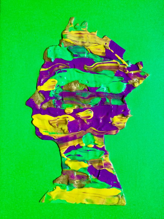 Bright Green yellow gold metallic purple pink Queen #31 Abstract   portrait  of Queen Elizabeth II on green  background