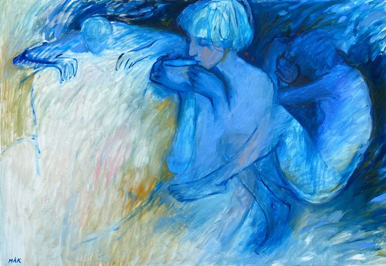 BlUES IN BLUE - figurative art, beautiful oil painting with a girl, human figures, wall art
