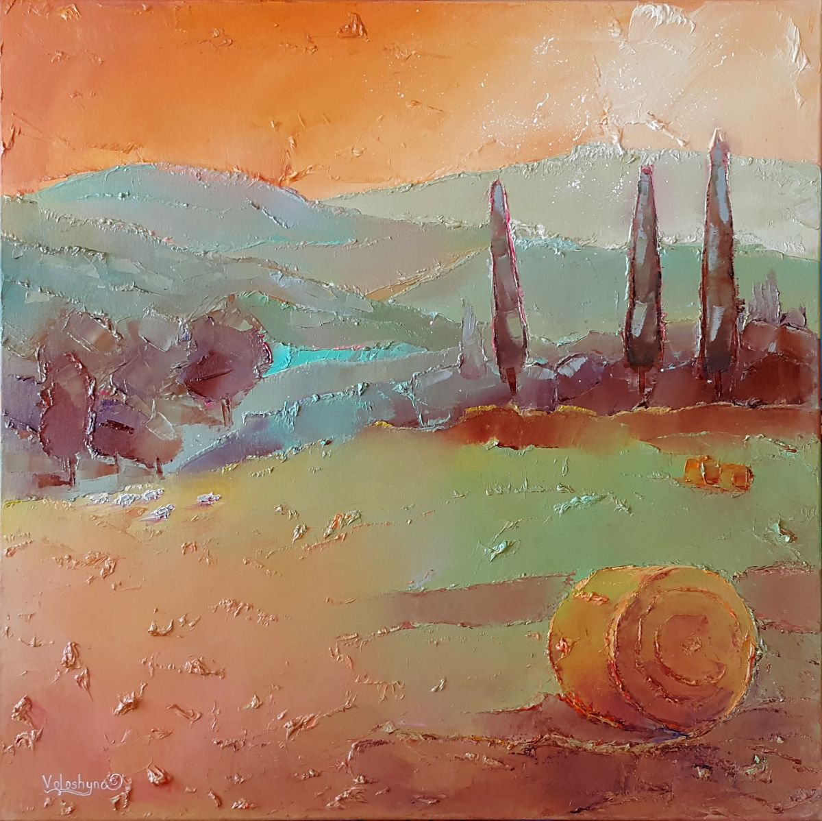 Abstract Landscape Oil Painting By Mary Voloshyna, 28 X 28", Sheeps In The Pistachio Field, Original Artwork