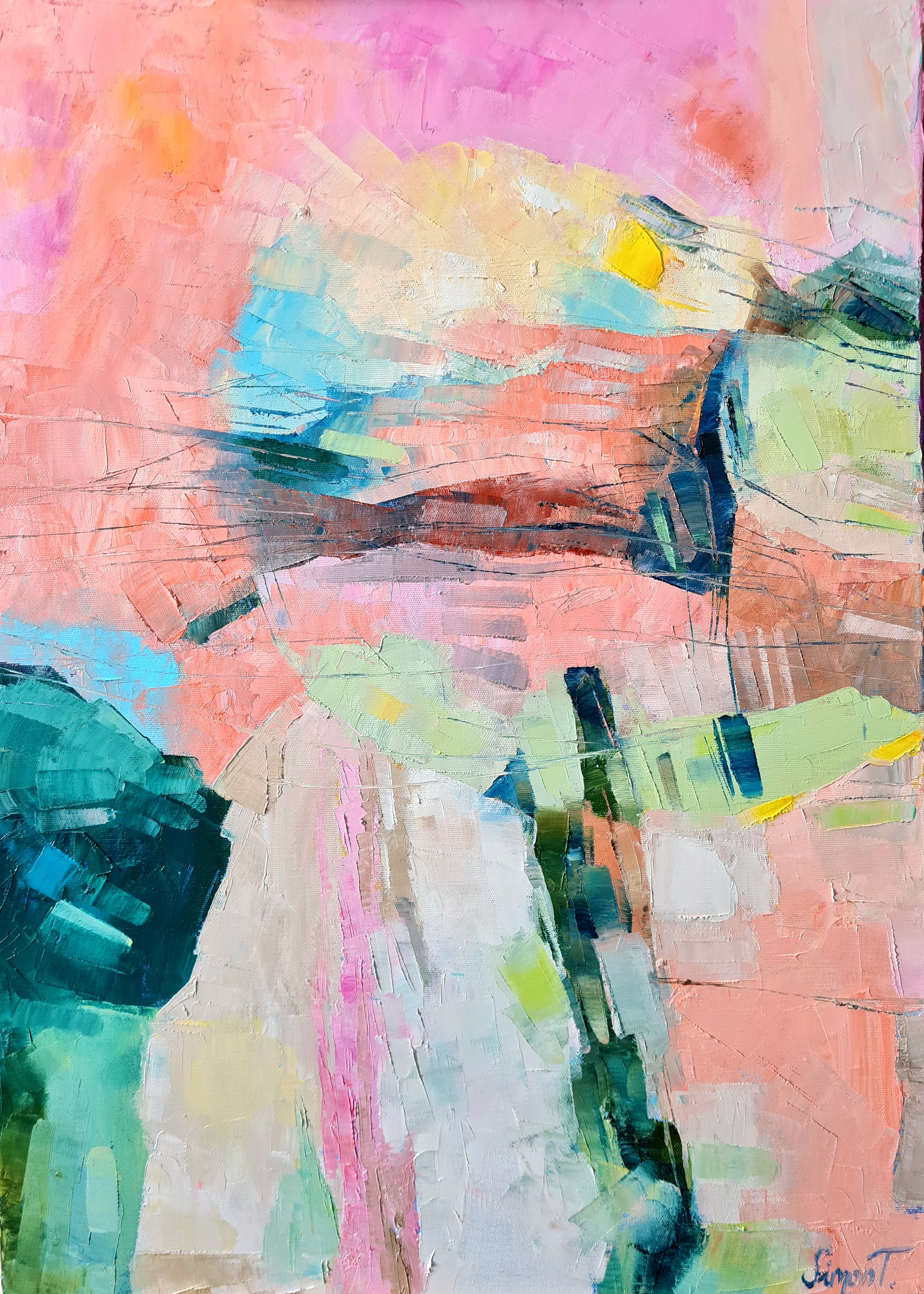 Organic Abstract Oil Painting By Simon Tunde, 20 X 28", Quiet Wind Ii., Original Artwork