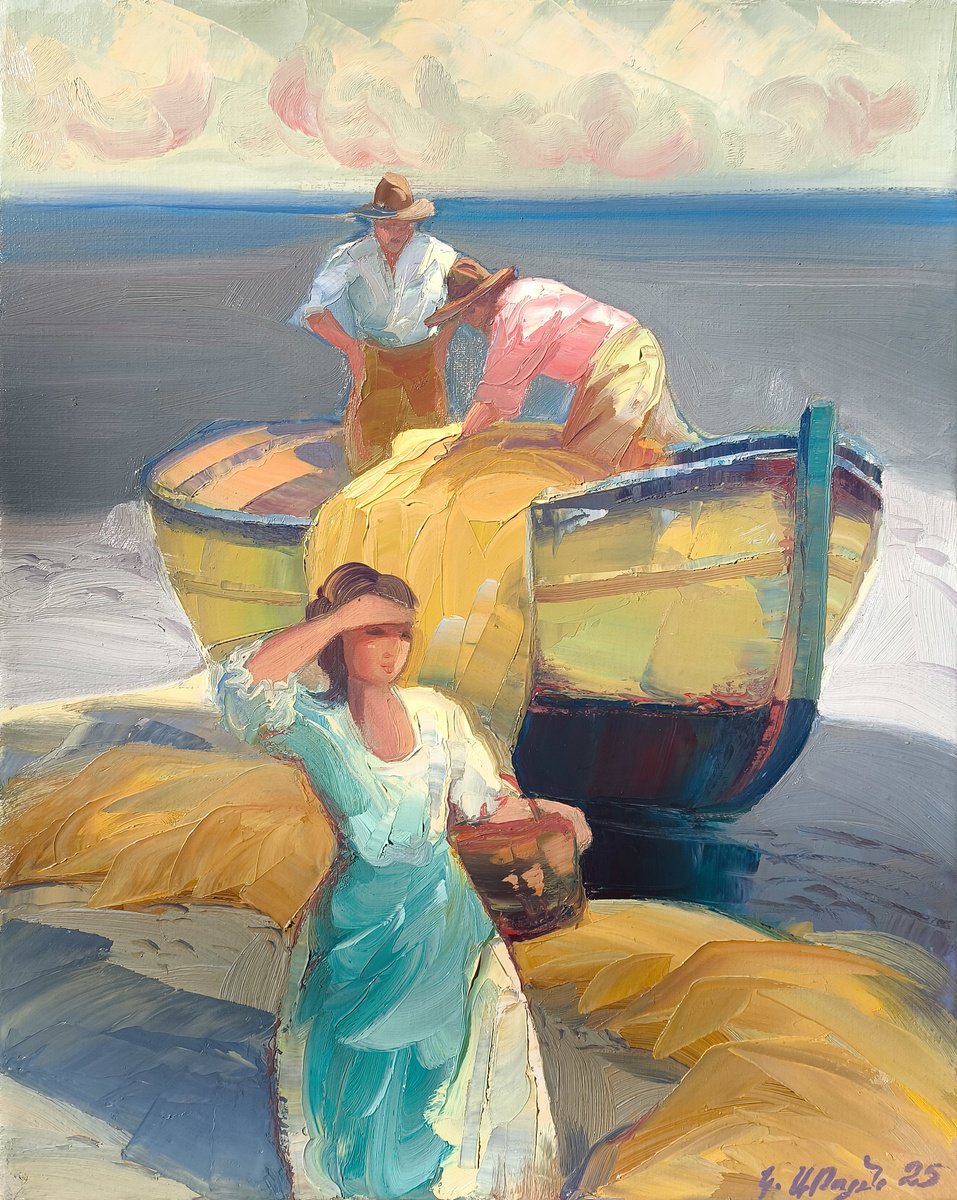 Impressionistic Landscape Oil Painting By Kamo Atoyan, 16 X 20", Fishing Day, Original Artwork