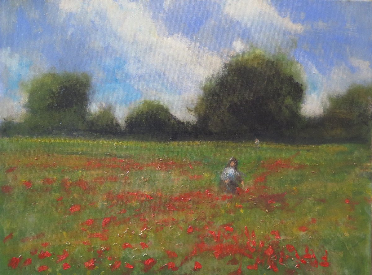 Impressionistic Landscape Oil Painting By Malcolm Ludvigsen, 25 X 19", Poppy Field Near York 1., Original Artwork