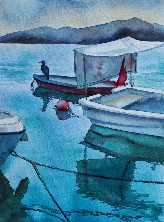 Foggy morning on the pier - original seascape watercolor artwork