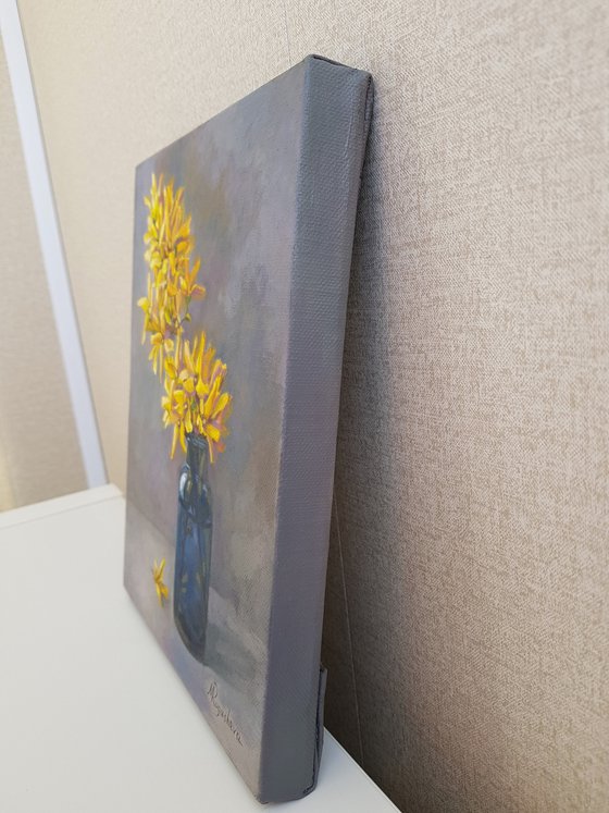 Forsythia in the blue bottle original oil painting