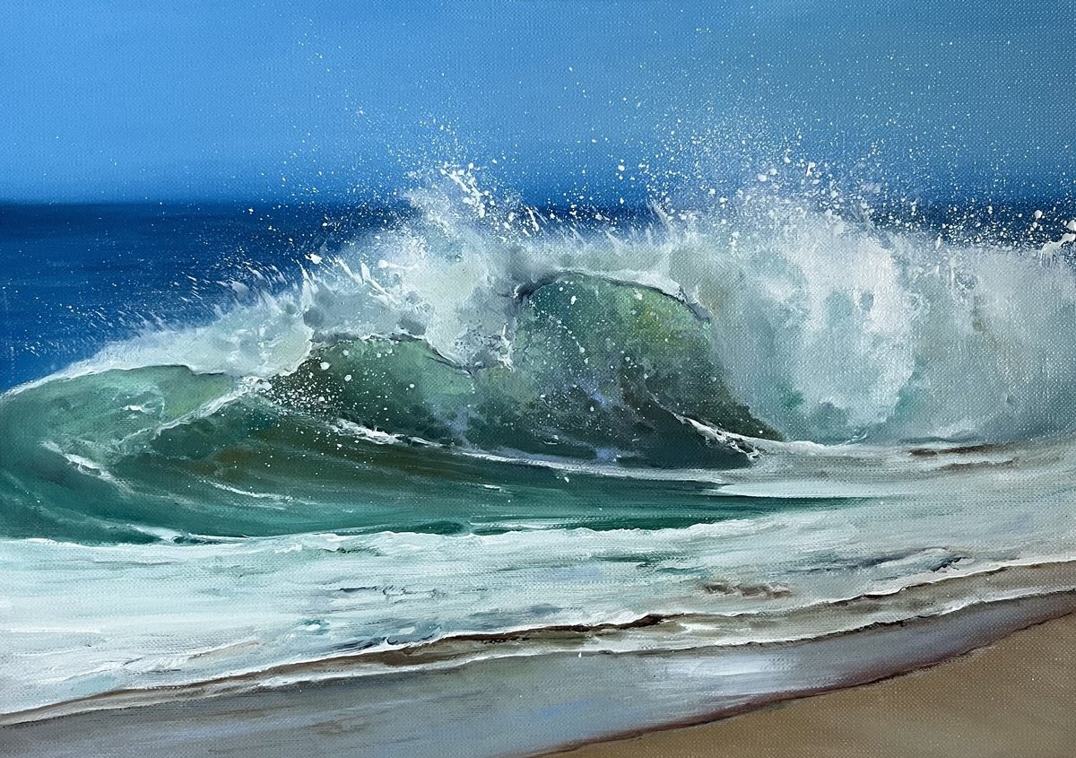 Photorealistic Landscape Oil Painting By Myroslava Denysyuk, 13 X 9", Big Waves, Original Artwork