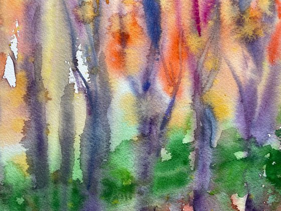 Fall Forest Watercolor Painting, Autumn Landscape Original Artwork, Orange Wall Decor