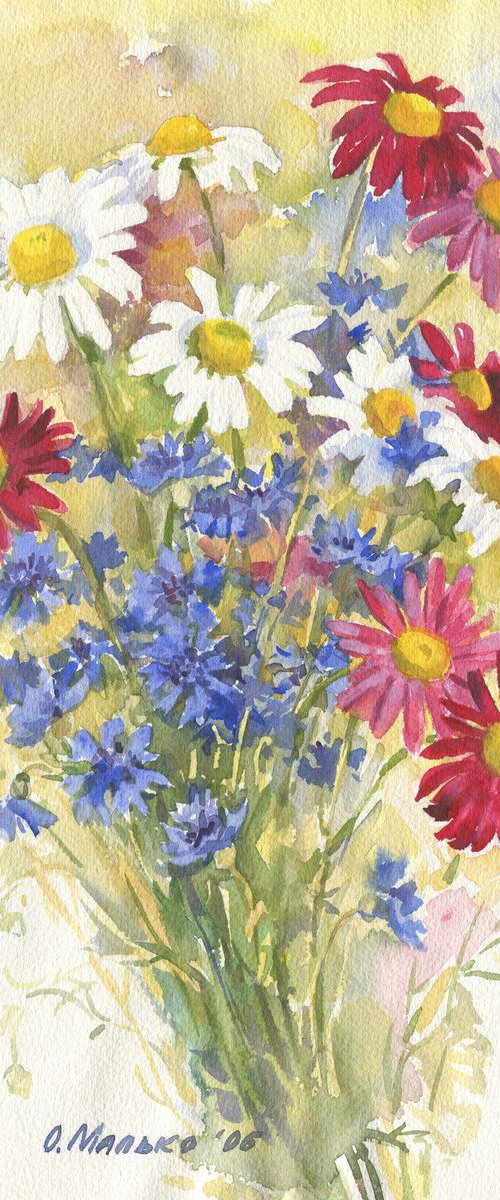 Blue, white, pink. Daisies & cornflowers / Bright summer bouquet Floral watercolor by Olha Malko