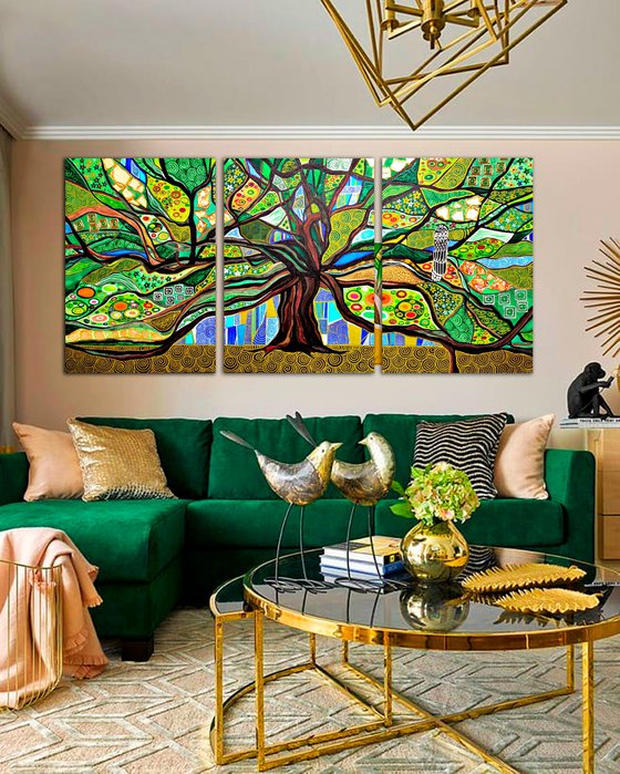 Green abstract painting Tree of life. Large abstract wall art