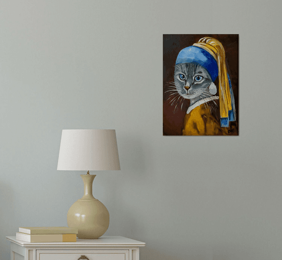 British blue Cat with the pearl earring #3 inspired by Vermeer painting feline art for cat lovers gift idea