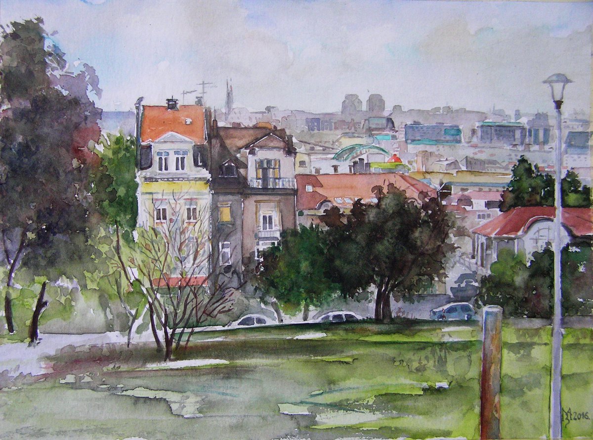 Impressionistic Cityscapes Watercolour By Zoran Mihajlovic Muza, 15 X 11", City Scene, Original Artwork