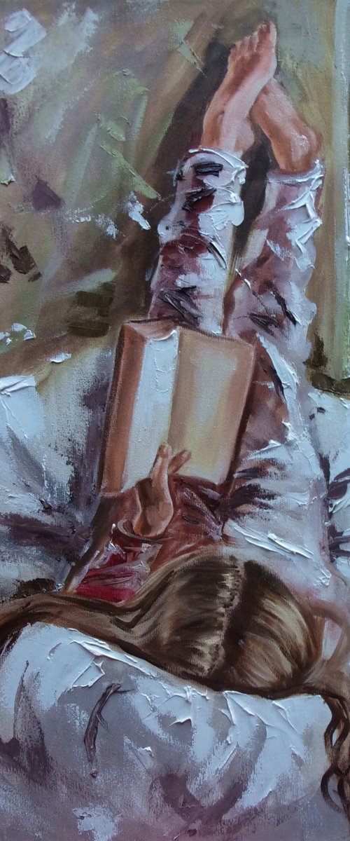 " LAZY DAY II " book lover original painting window WINTER palette knife GIFT brown by Monika Luniak