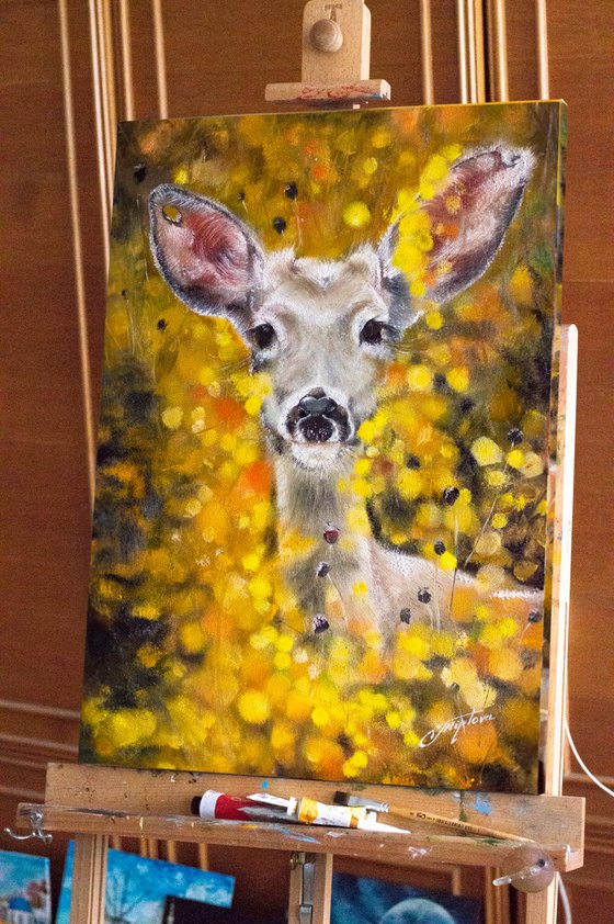 "Deer in the meadow''Original, oil painting on canvas